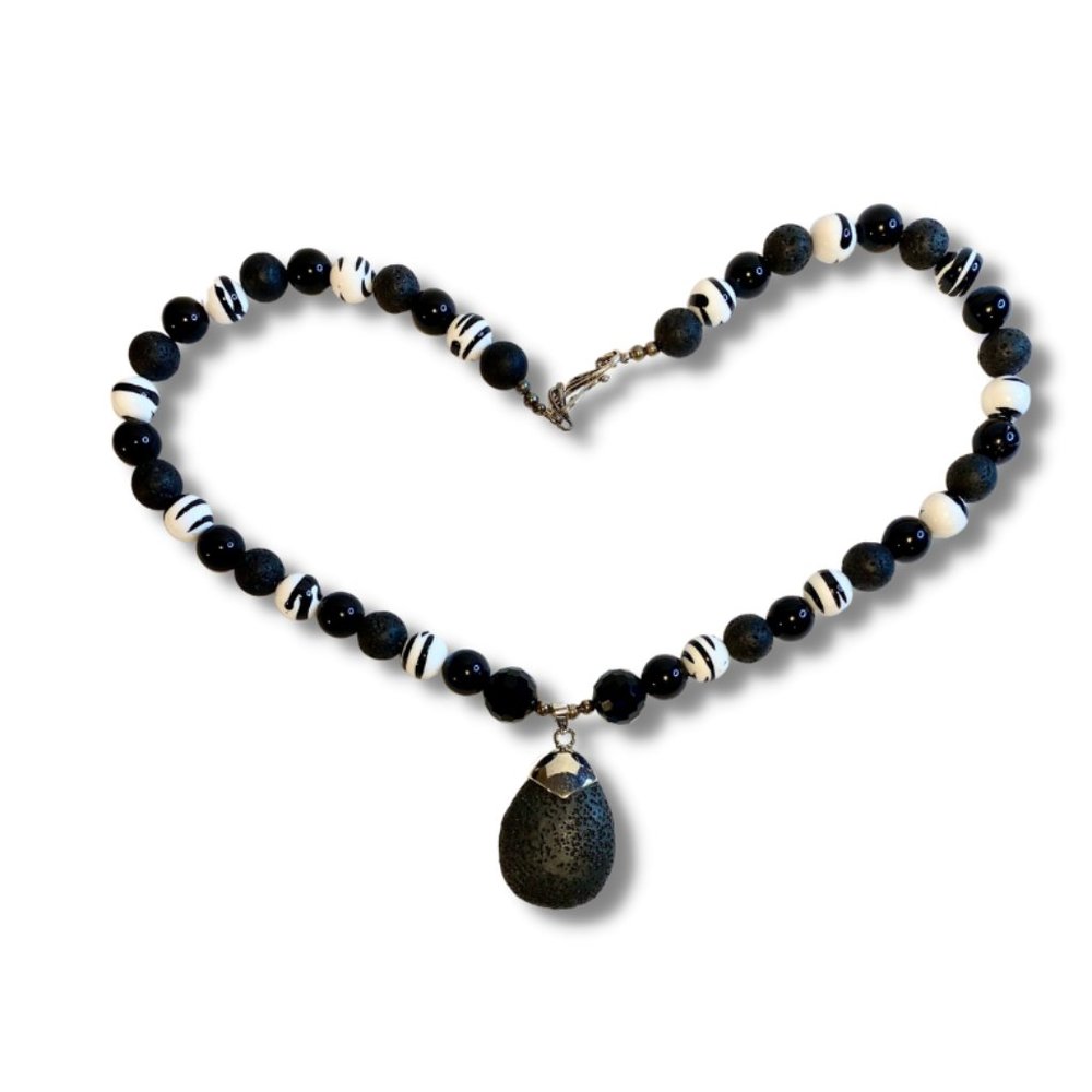 Black Lava Pendant & White Necklace